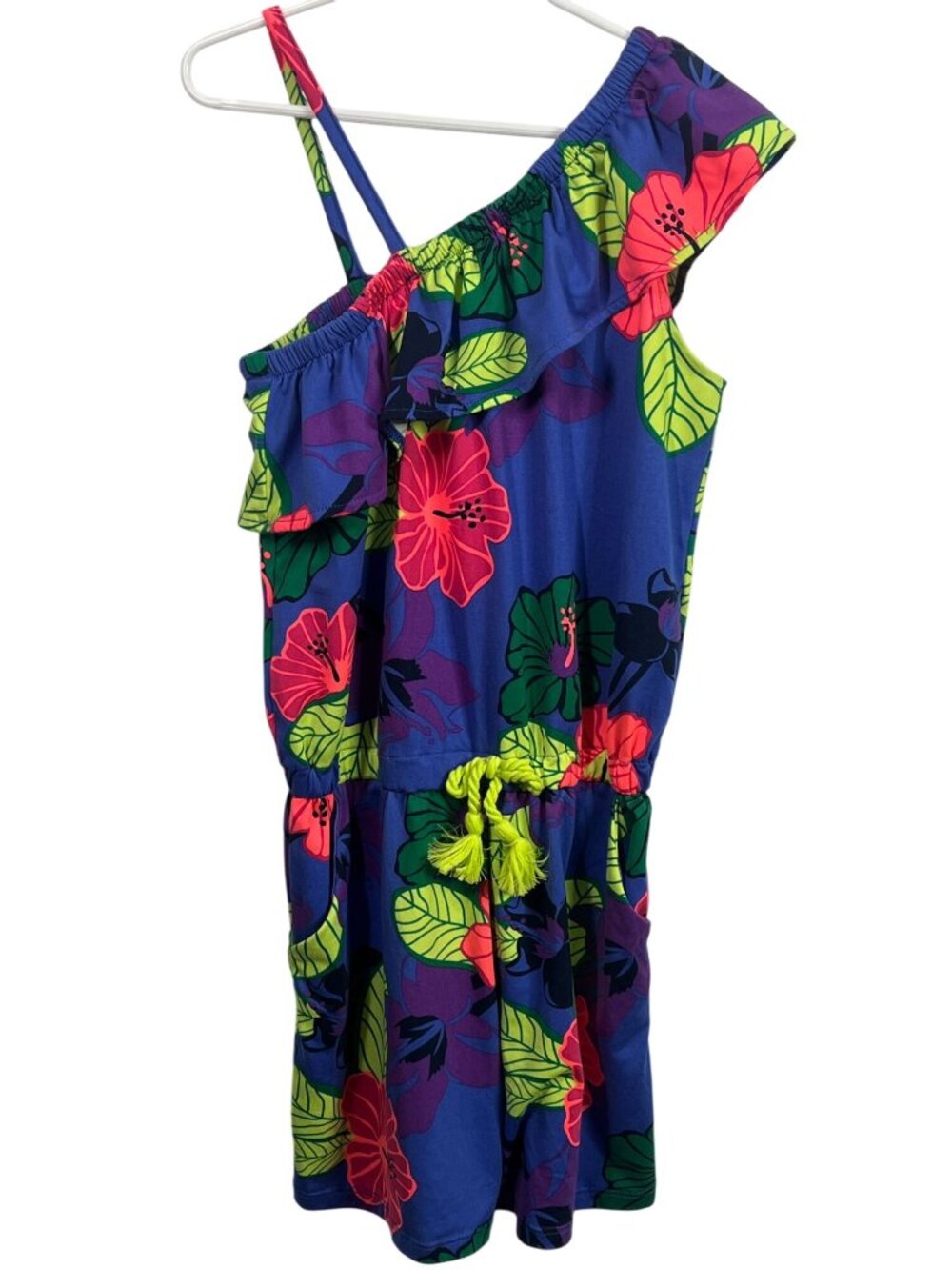 Falls Creek Girls L 10/12 Blue Floral One Shoulder Ruffle Romper Boho
